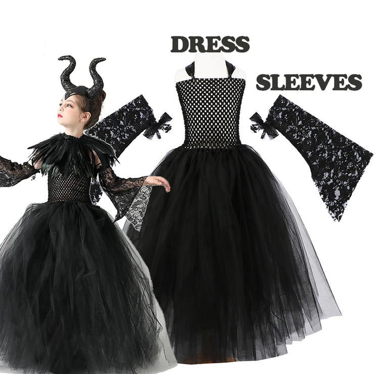 Halloween Costume Maleficent Tutu Dress For Girls Cosplay Evil Queen Black Mesh Princess Dress Kids Crow Wand Maleficent Outfits