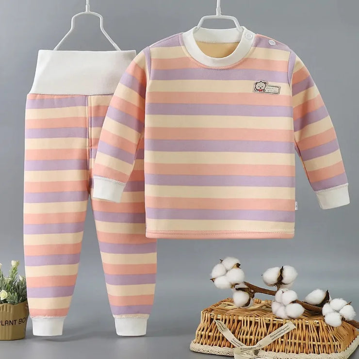 New Striped Plush Warm Children's Clothing Set for Boys and Girls Pajamas Clothing Pants Autumn and Winter Pajamas