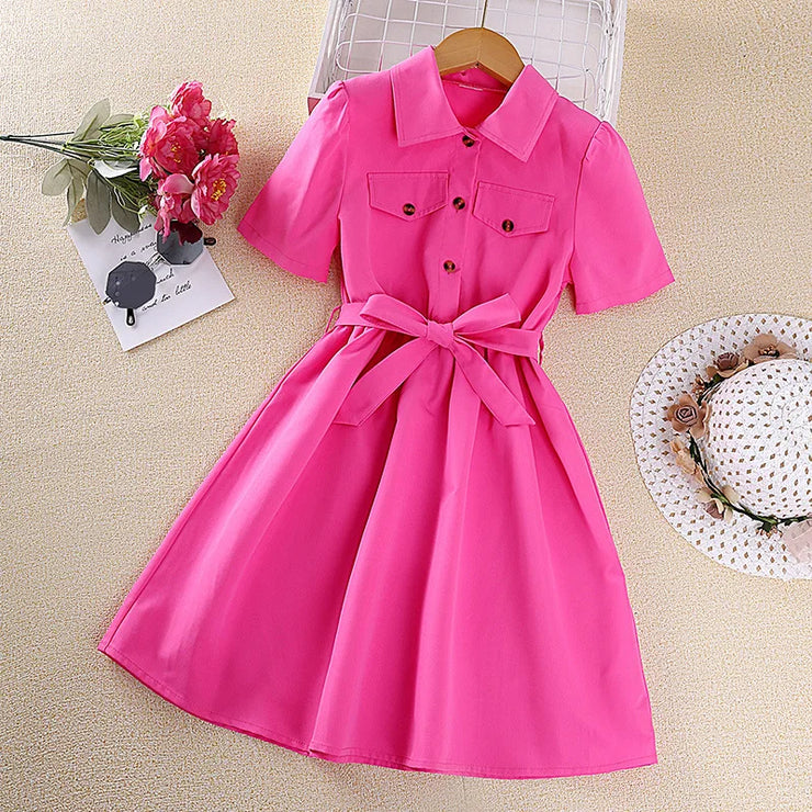 Kids Casual Summer Shirt Dress for Girls Clothes 2023 New Toddler Short Sleeve Solid Princess Belt Dress Fashion Children 7-14Y