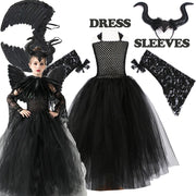 Halloween Costume Maleficent Tutu Dress For Girls Cosplay Evil Queen Black Mesh Princess Dress Kids Crow Wand Maleficent Outfits