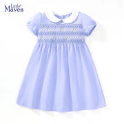 Little maven 2024 Kids Clothes Summer Princess Blue Dress for toddler Girls Children’s Clothes Cartoon Embroidery Flowers Cotton