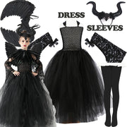 Halloween Costume Maleficent Tutu Dress For Girls Cosplay Evil Queen Black Mesh Princess Dress Kids Crow Wand Maleficent Outfits