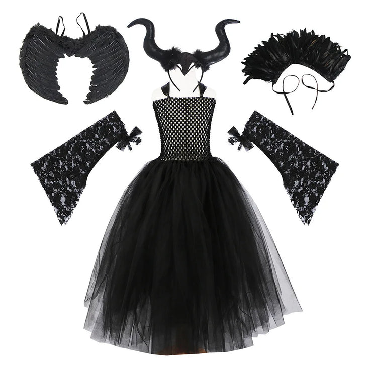 Halloween Costume Maleficent Tutu Dress For Girls Cosplay Evil Queen Black Mesh Princess Dress Kids Crow Wand Maleficent Outfits