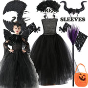 Halloween Costume Maleficent Tutu Dress For Girls Cosplay Evil Queen Black Mesh Princess Dress Kids Crow Wand Maleficent Outfits