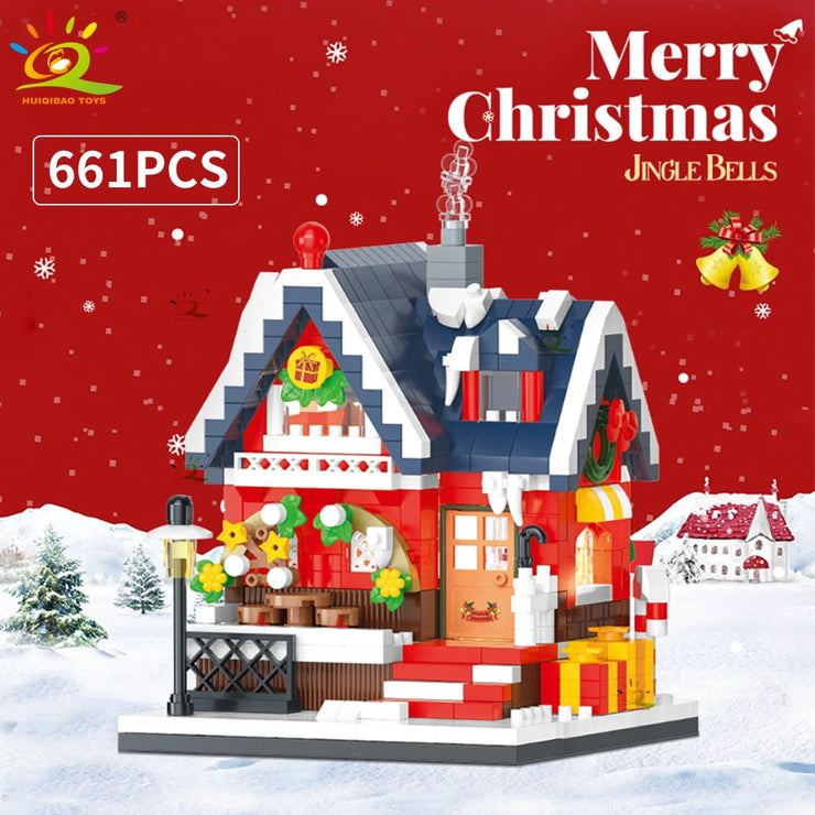 HUIQIBAO Christmas Santa Claus House Building Blocks City Snow Xmas Decoration Model Bricks Set Toys for Children Kids Gift