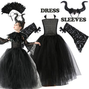 Halloween Costume Maleficent Tutu Dress For Girls Cosplay Evil Queen Black Mesh Princess Dress Kids Crow Wand Maleficent Outfits