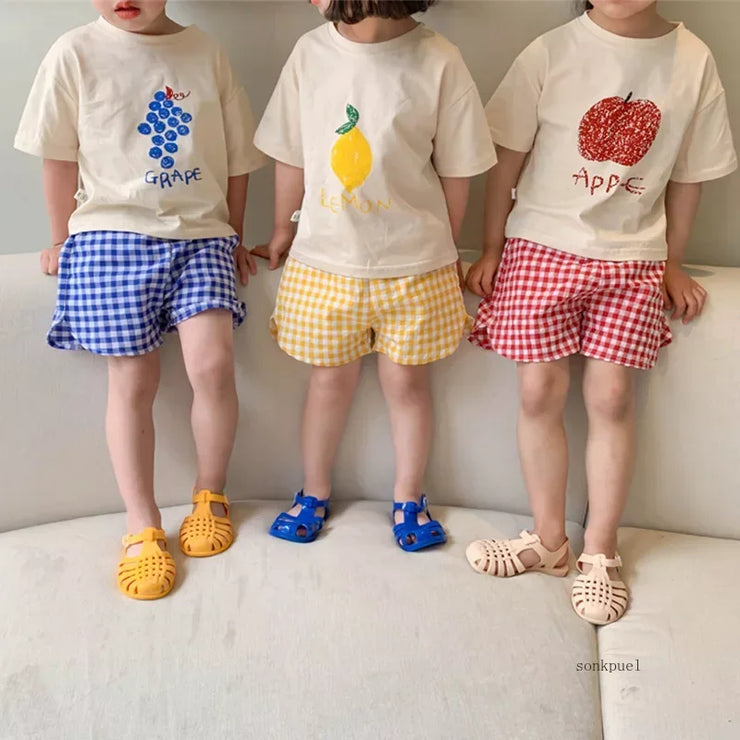 Kids Sets Summer Baby Girls Cotton Printing Tops Suits Lattice Shorts Boys Girls Casual Breathable Set Fashion Children Clothing