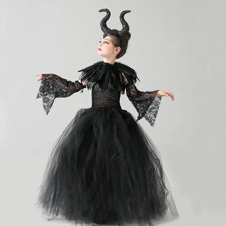 Halloween Costume Maleficent Tutu Dress For Girls Cosplay Evil Queen Black Mesh Princess Dress Kids Crow Wand Maleficent Outfits