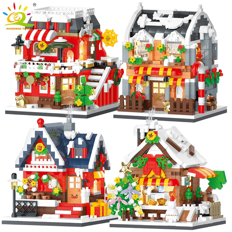 HUIQIBAO Christmas Santa Claus House Building Blocks City Snow Xmas Decoration Model Bricks Set Toys for Children Kids Gift