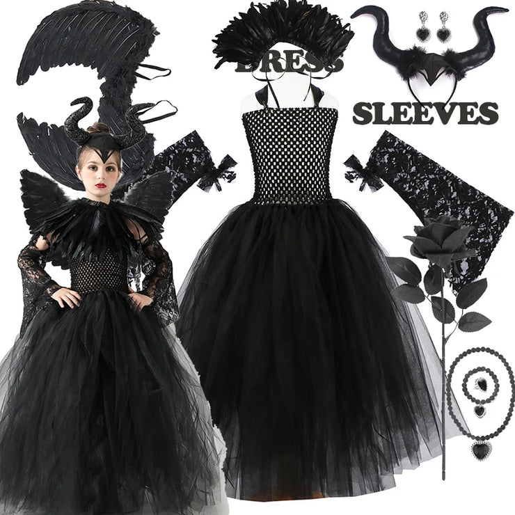 Halloween Costume Maleficent Tutu Dress For Girls Cosplay Evil Queen Black Mesh Princess Dress Kids Crow Wand Maleficent Outfits