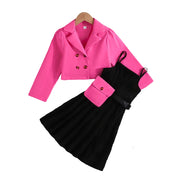 MiniFox Teenagers Dresses For Girls Kids Blazer Sets Lapel Coat+Black Dress With Waistbag 3pcs Party Children's Dresses Girls