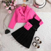 MiniFox Teenagers Dresses For Girls Kids Blazer Sets Lapel Coat+Black Dress With Waistbag 3pcs Party Children's Dresses Girls