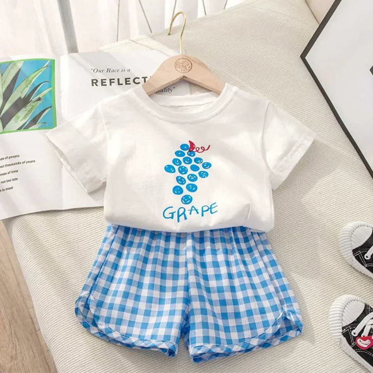 Kids Sets Summer Baby Girls Cotton Printing Tops Suits Lattice Shorts Boys Girls Casual Breathable Set Fashion Children Clothing