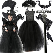 Halloween Costume Maleficent Tutu Dress For Girls Cosplay Evil Queen Black Mesh Princess Dress Kids Crow Wand Maleficent Outfits