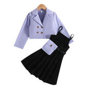 MiniFox Teenagers Dresses For Girls Kids Blazer Sets Lapel Coat+Black Dress With Waistbag 3pcs Party Children's Dresses Girls