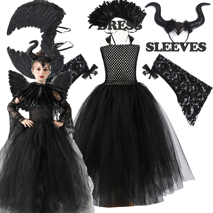 Halloween Costume Maleficent Tutu Dress For Girls Cosplay Evil Queen Black Mesh Princess Dress Kids Crow Wand Maleficent Outfits