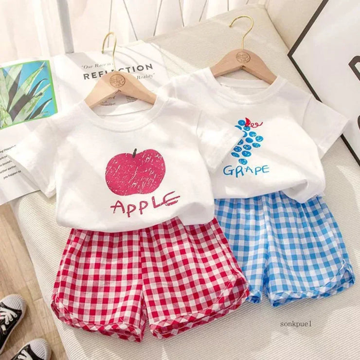 Kids Sets Summer Baby Girls Cotton Printing Tops Suits Lattice Shorts Boys Girls Casual Breathable Set Fashion Children Clothing