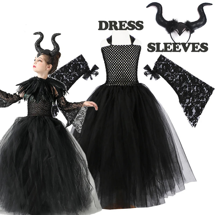 Halloween Costume Maleficent Tutu Dress For Girls Cosplay Evil Queen Black Mesh Princess Dress Kids Crow Wand Maleficent Outfits